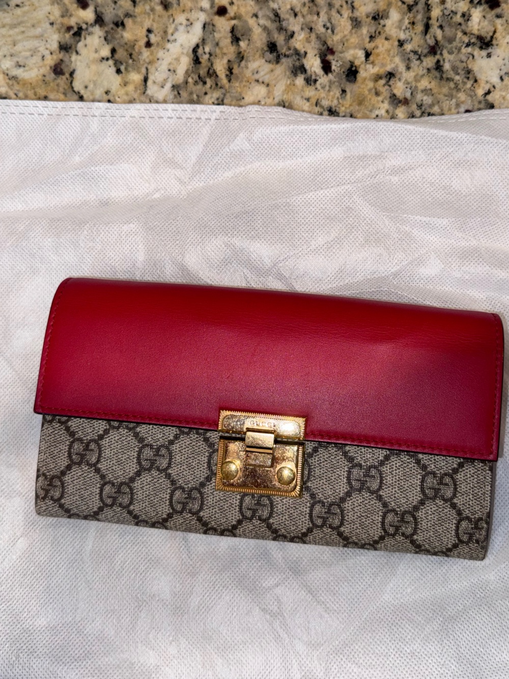 Gucci Red Leather & GG Monogram Continental Wallet with Gold Hardware